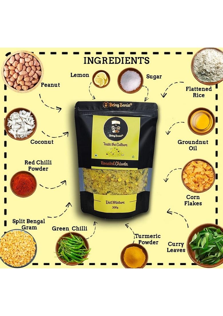 Being Bania Roasted Chiwda, 300gms | Lite Chidwa Chivda Diet Mixture Famous Indian Snack Special Namkeen No preservatives All natural and Fresh