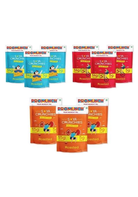 PROMUNCH Roasted Soya Snack | High-Protein Healthy Gluten-Free (Cheese and Onion-3, Peri Peri-3, Noodle Masala-3) 30g Each