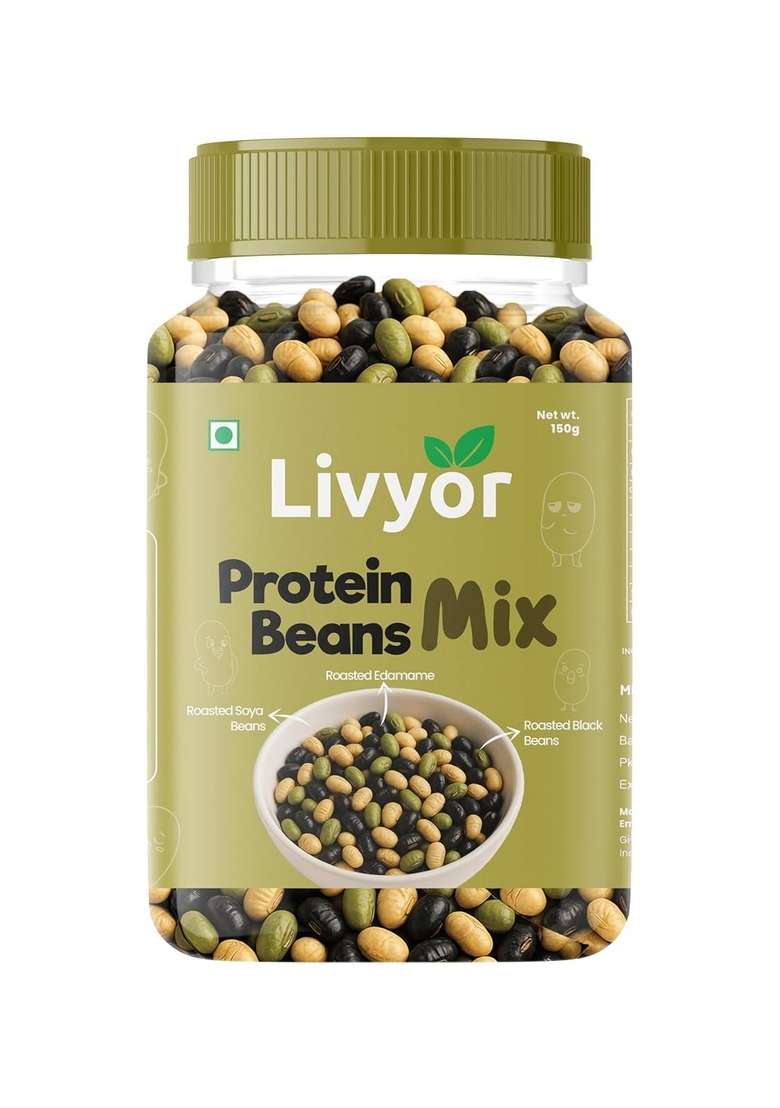 LIVYOR Roasted Protein Beans Mix - 150 gm | SoyaBeans Edamame Black Not fried Healthy and Tasty snack No Added Sugar preservatives Pack of 1 - Indya