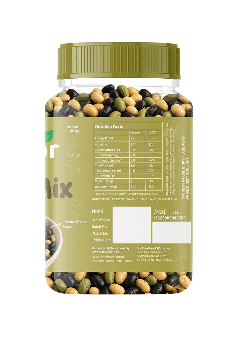 LIVYOR Roasted Protein Beans Mix - 150 gm | SoyaBeans Edamame Black Not fried Healthy and Tasty snack No Added Sugar preservatives Pack of 1 - Indya