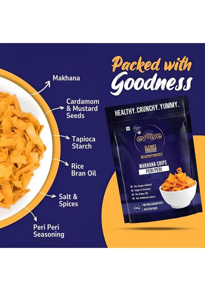 Evolve Makhana Chips Healthy Snacks for Kids, Adults, Gluten Free, Low Calorie, No Palm Oil, Vacuum Fried, Peri Flavor