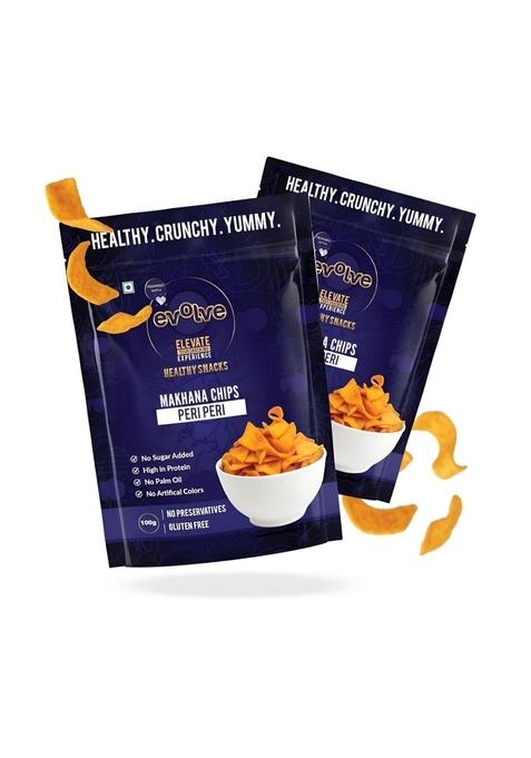 Evolve Makhana Chips Healthy Snacks for Kids, Adults, Gluten Free, Low Calorie, No Palm Oil, Vacuum Fried, Peri Flavor - 100g Pack of 2