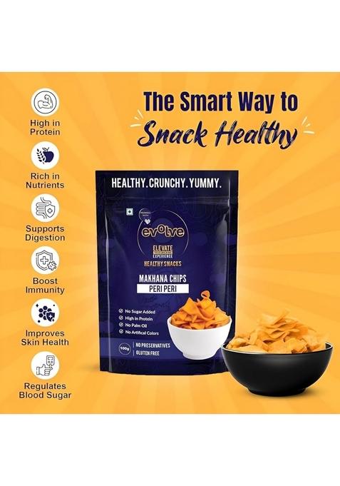 Evolve Makhana Chips Healthy Snacks for Kids, Adults, Gluten Free, Low Calorie, No Palm Oil, Vacuum Fried, Peri Flavor