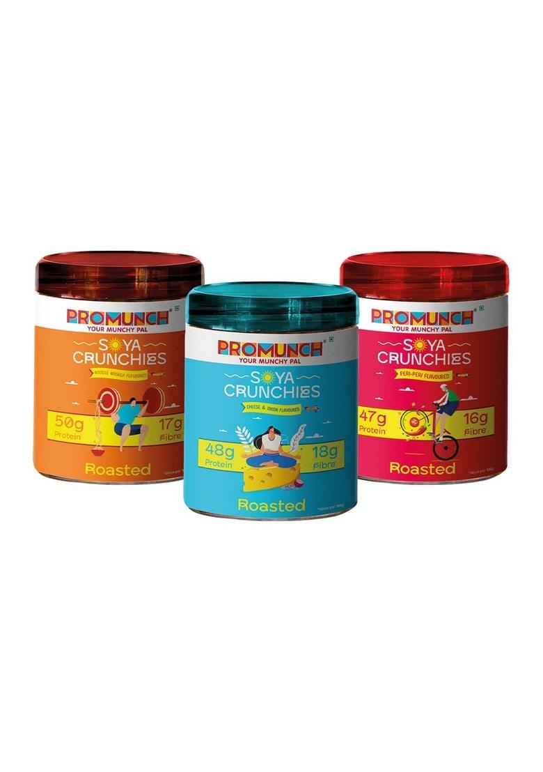 PROMUNCH Roasted Soya Snack | High-Protein Healthy Gluten-Free Pack of 3, Flavour: Cheese & Onion, Peri-Peri and Noodle Masala