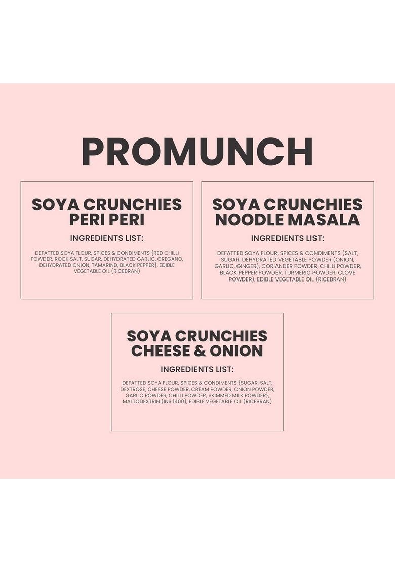PROMUNCH Roasted Soya Snack | High-Protein Healthy Gluten-Free Pack of 3, Flavour: Cheese & Onion, Peri-Peri and Noodle Masala