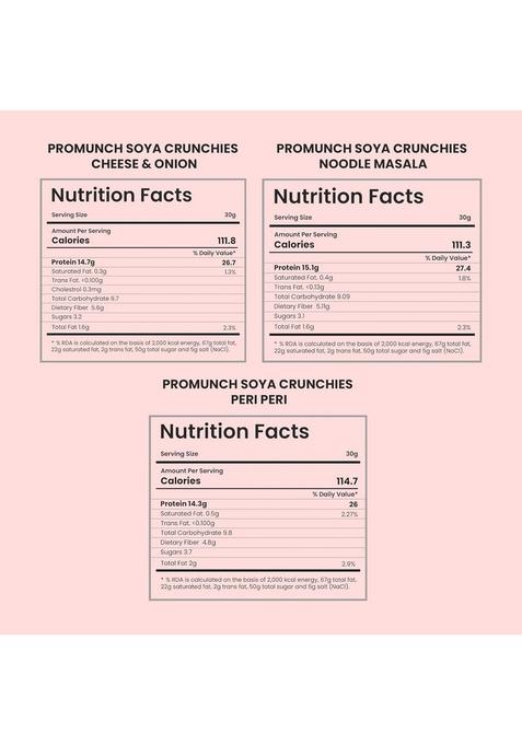 PROMUNCH Roasted Soya Snack | High-Protein Healthy Gluten-Free Pack of 3, Flavour: Cheese & Onion, Peri-Peri and Noodle Masala