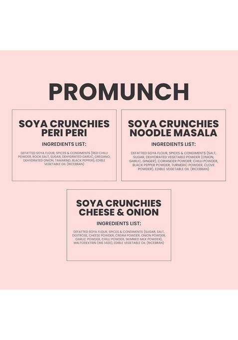 PROMUNCH Roasted Soya Snack | High-Protein Healthy Gluten-Free Pack of 3, Flavour: Cheese & Onion, Peri-Peri and Noodle Masala