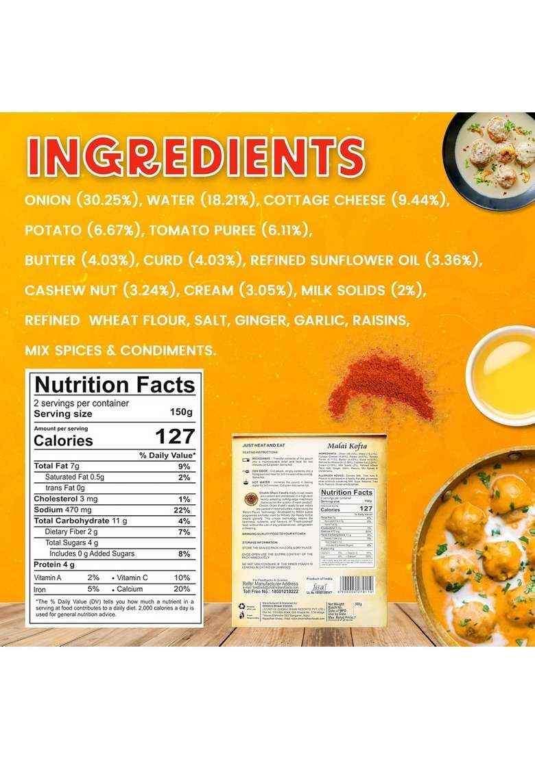 Chokhi Dhani Malai Kofta Ready-to-Eat Meal 300g | Rich Creamy Curry with Soft Koftas ready to eat meals Instant Heat & Microwavable Home Style Pack of 1 - Indya
