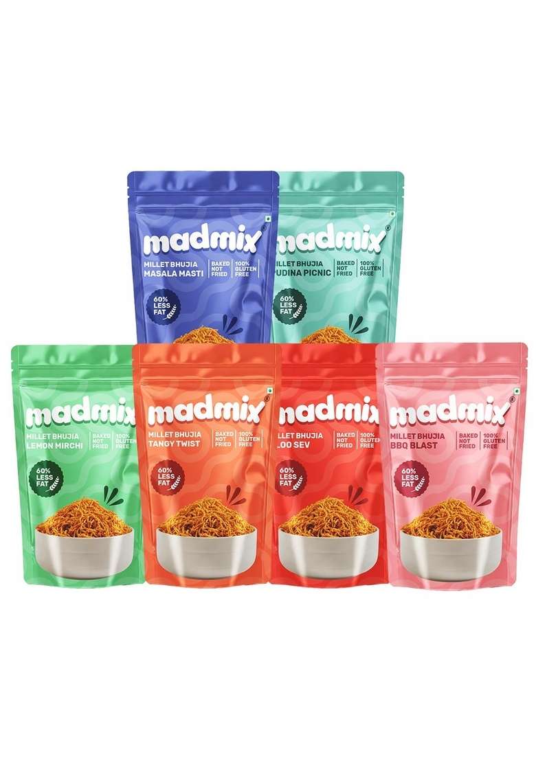 Madmix Baked Bhujia All flavour Mix|Healthy Bhujia|Namkeen|Sev-135gm (Pack of 6) - Indya
