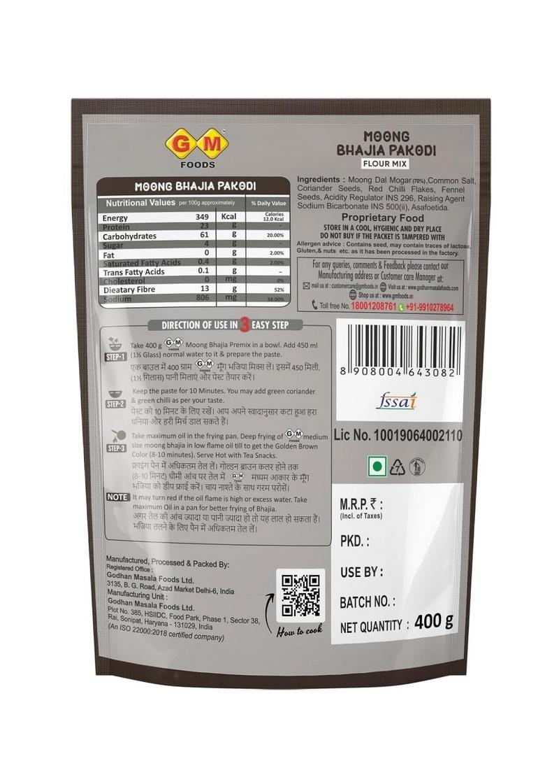 GM FOODS Moong Dal Pakodi 400g | Instant Bhajia & Mix for Breakfast Crispy, Crunchy Spicy Indian Snack Ready to Cook Made with Natural Ingredients No Preservatives