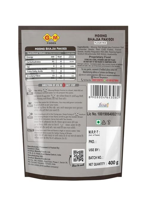GM FOODS Moong Dal Pakodi 400g | Instant Bhajia & Mix for Breakfast Crispy, Crunchy Spicy Indian Snack Ready to Cook Made with Natural Ingredients No Preservatives