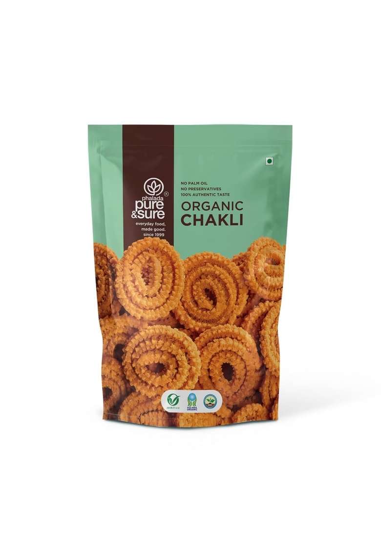 Phalada Pure & Sure Organic Chakli Snack 240gm | Delicious Crunchy Namkeen Snacks Ready to Eat Tea Time Snacks, Cholesterol Free, No Trans Fats, Preservatives (120G X pack of 2) - Indya