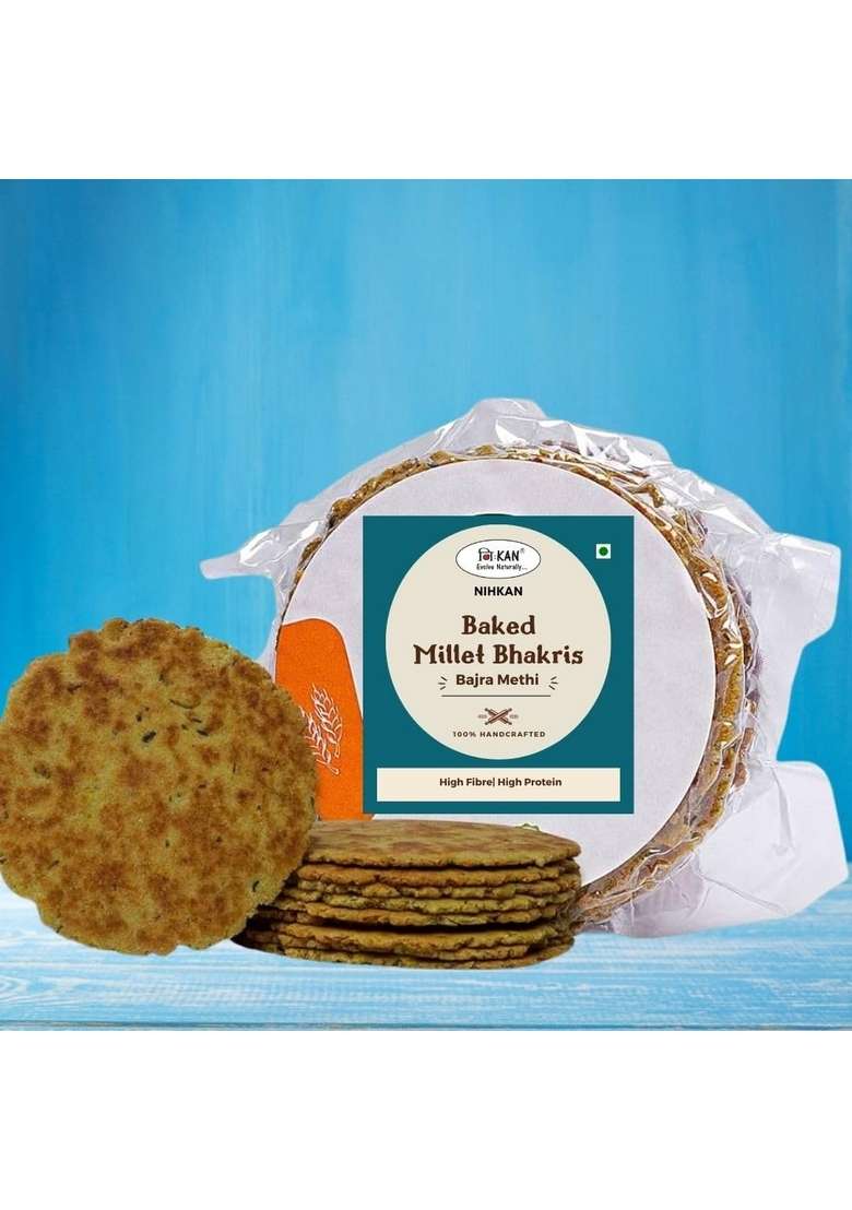 NIHKAN Baked Bajra Methi Bhakhri - 200 Gms | 100% Millet No Wheat Ready to Eat Snack Low Calorie Palm Oil Preservatives Healthy Traditional Gujarati Snacks Made in cold pressed sesame - Indya