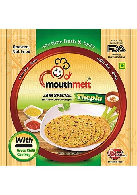 Mouthmelt Jain Special Thepla Pack of 4 | Ready to Eat,Rosted, Not Fried without Garlic & Ginger 3 Month Shelf Life- Free Green Chutney - Gujarati Snack (200G x Packets, 6 pcs in 1 pack) 800 Grams