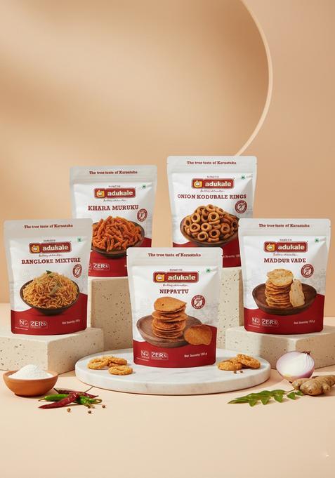 Adukale South Indian Snack Combo | Nippattu, Maddur Vade, Khara Murukku, Onion Kodubale & Special Mixture No Palm Oil or Preservatives Traditional Crunchy Snacks