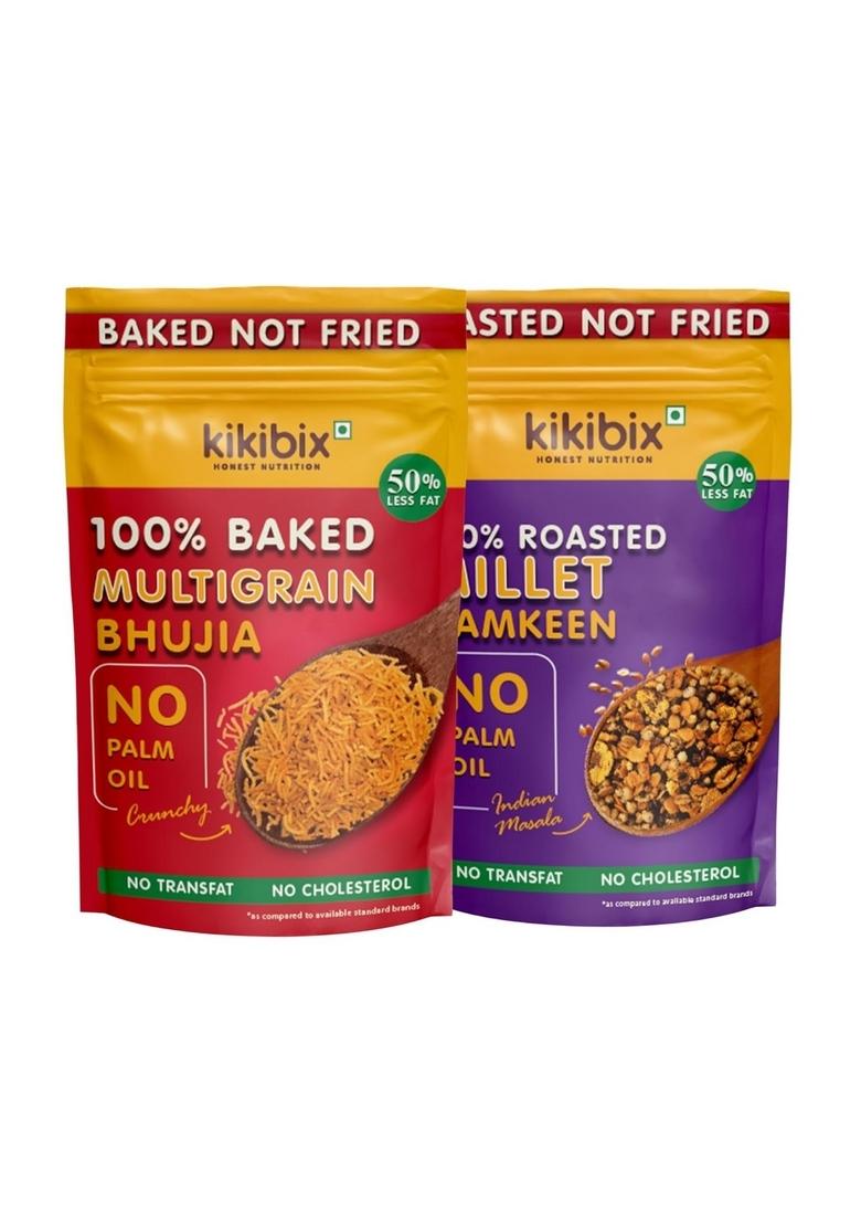 KIKIBIX Assorted Millet Bhujiya Namkeen Combo, Low Calorie, Chatpata Masala, Healthy Fat, Non Fried Diet Snacks, Diabetic Friendly, Gluten Free Mixtures, Fast, Upwas Snack, Baked, Pack of 2