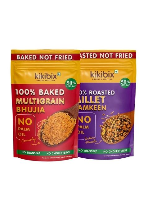 KIKIBIX Assorted Millet Bhujiya Namkeen Combo, Low Calorie, Chatpata Masala, Healthy Fat, Non Fried Diet Snacks, Diabetic Friendly, Gluten Free Mixtures, Fast, Upwas Snack, Baked, Pack of 2