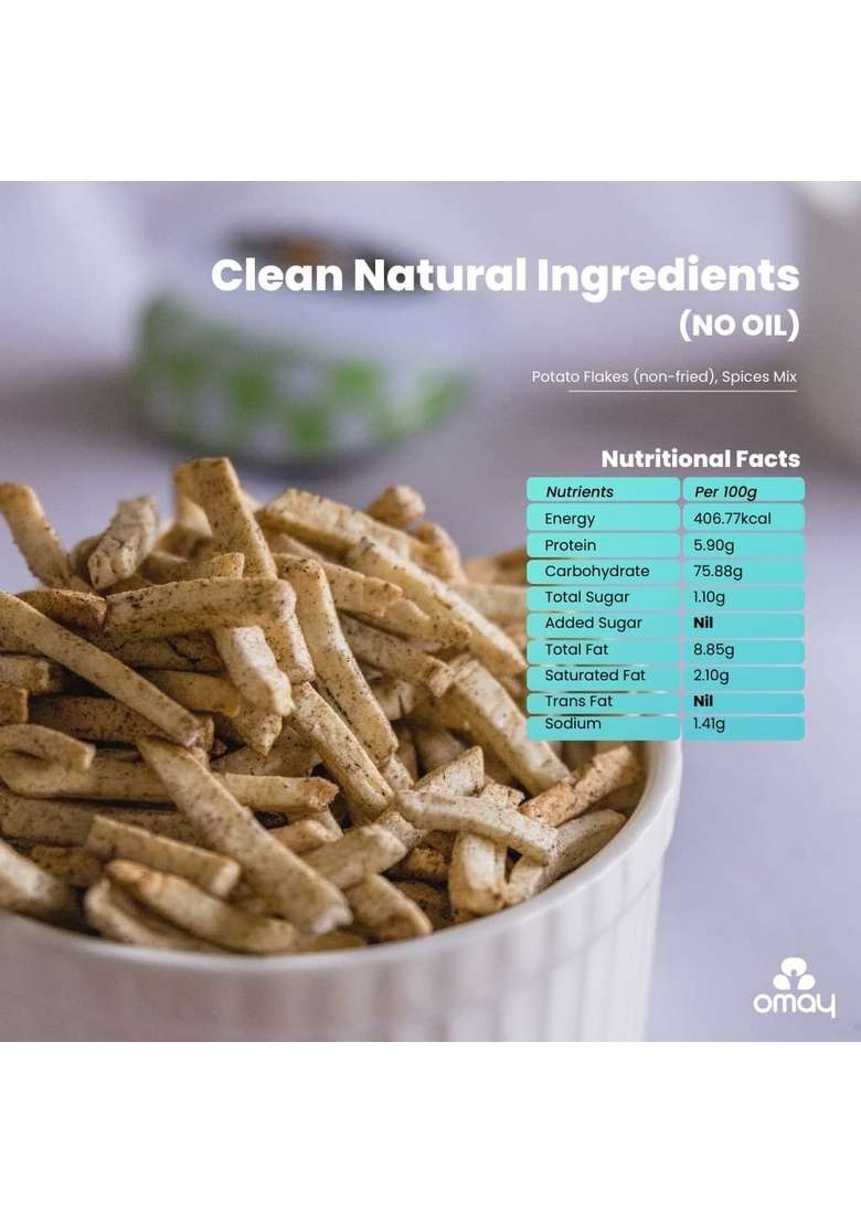 Omay Foods Roasted Potato Flakes (Aloo Laccha), 50g Jar (Pack of 4) | Healthy Snacks 100% Oil-Free Namkeen snack I Sugar free Travel Office time Evening Late Night - Indya