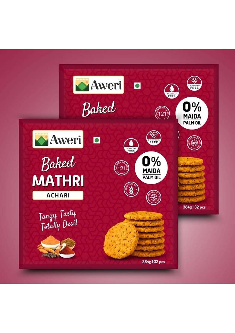 Aweri Baked Achari Mathri (64pcs-768g) | No Maida Palm Oil Crispy Crunchy Healthy Snack 100% Wheat Desi Flavour Vacuum Sealed Namkeen Mathi Pack of 2 - Indya