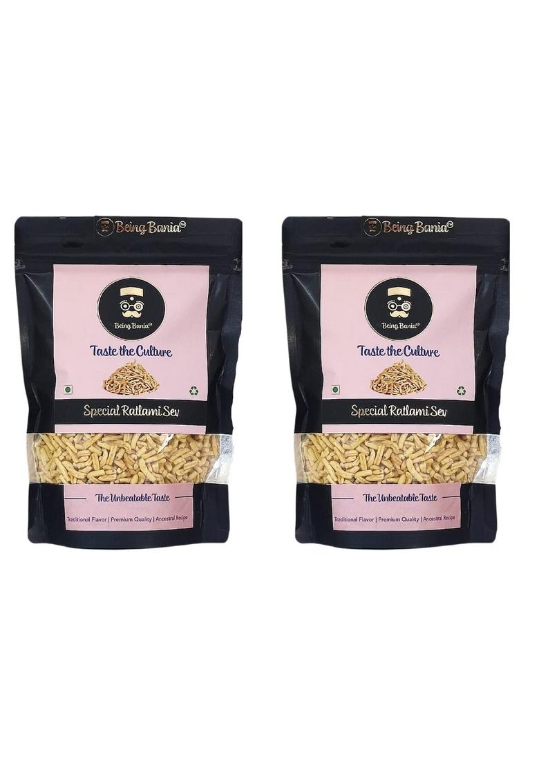 Being Bania Premium Ratlami Sev | No Palmolein Oil Preservatives Fresh Indian Namkeen Tasty Bhujia made in Groundnut Crispy Crunchy Snack 160 Gram (Pack of 2)