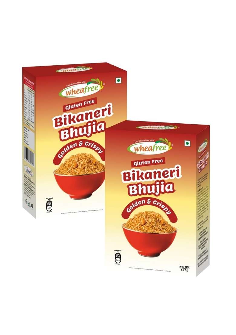 wheafree Gluten Free Bikaneri Bhujia sev | Crunchy Namkeen Snack Made with Gram Flour, Besan & Authentic Rajasthani Spices Healthy Celiac-Friendly Perfect Tea Time Pack of 2 x 400g Each - Indya