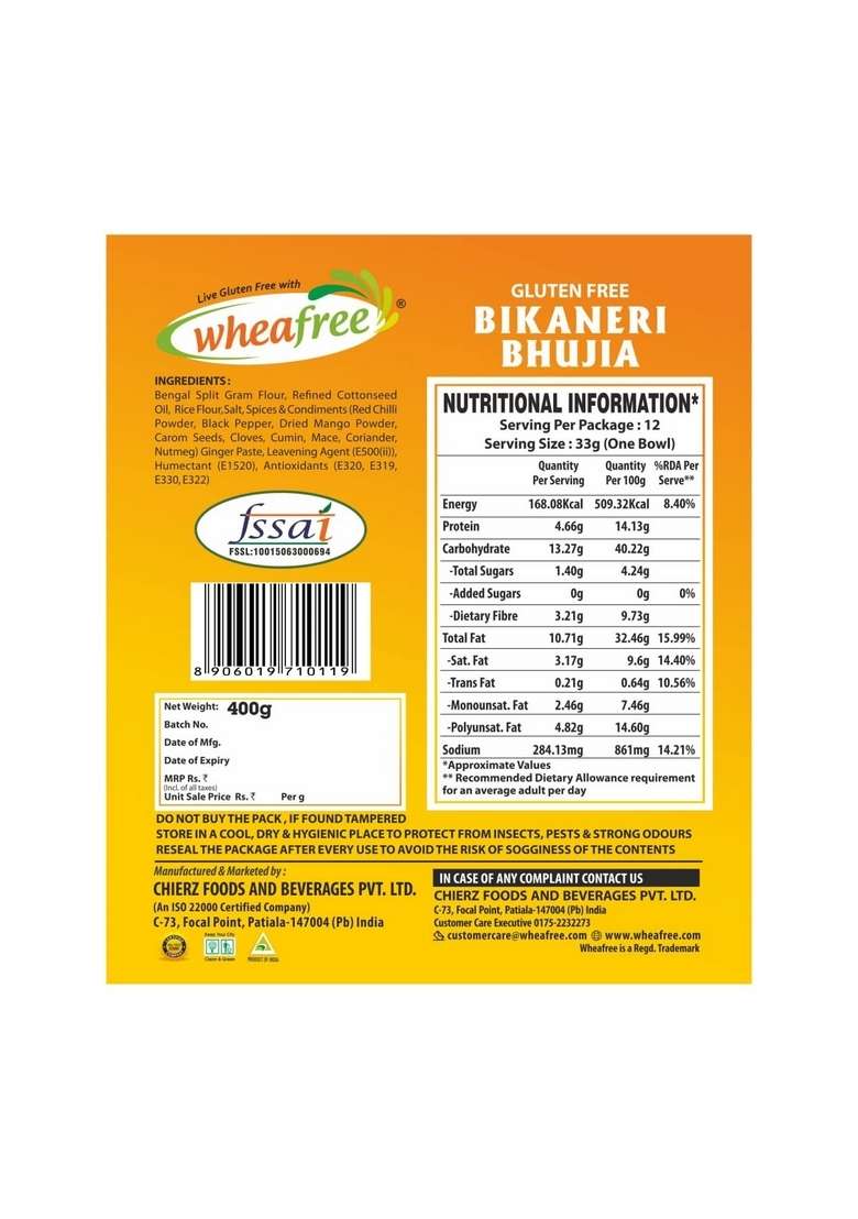 wheafree Gluten Free Bikaneri Bhujia sev | Crunchy Namkeen Snack Made with Gram Flour, Besan & Authentic Rajasthani Spices Healthy Celiac-Friendly Perfect Tea Time Pack of 2 x 400g Each - Indya