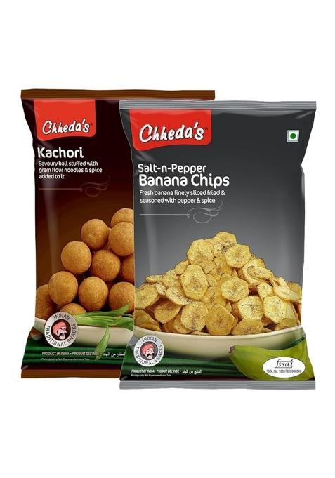 Chheda's - Salt N Pepper Banana Chips (350 Gm) and Dry Kachori (300 | Wafers Indian Namkeen Tasty Snacks Ready to Eat Combo Pack