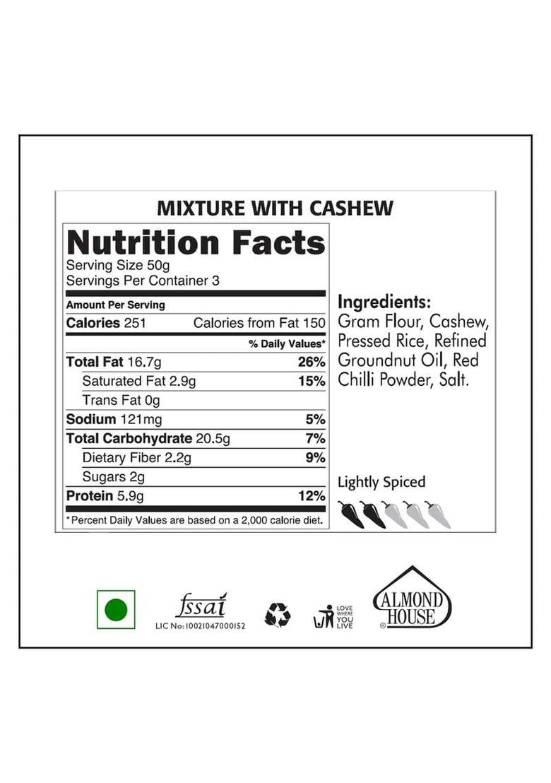 Almond House Kaju Mixture | Premium Namkeen No maida Healthy Snack Artificial flavours Made with pure Groundnut oil White Chudwa Chiwda Cashews Tea Time Snacks 500 gm - Indya