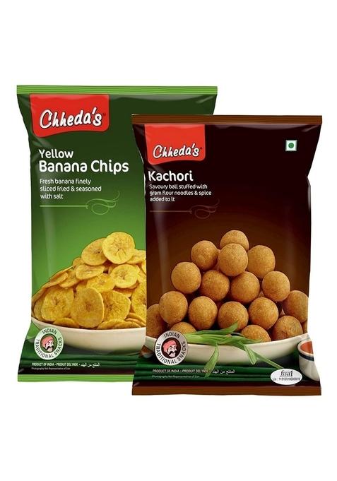 Chheda's - Yellow Banana Chips (350Gm) and Dry Kachori (300 Gm) | Wafers Indian Namkeen Tasty Snacks Ready to Eat Combo Pack