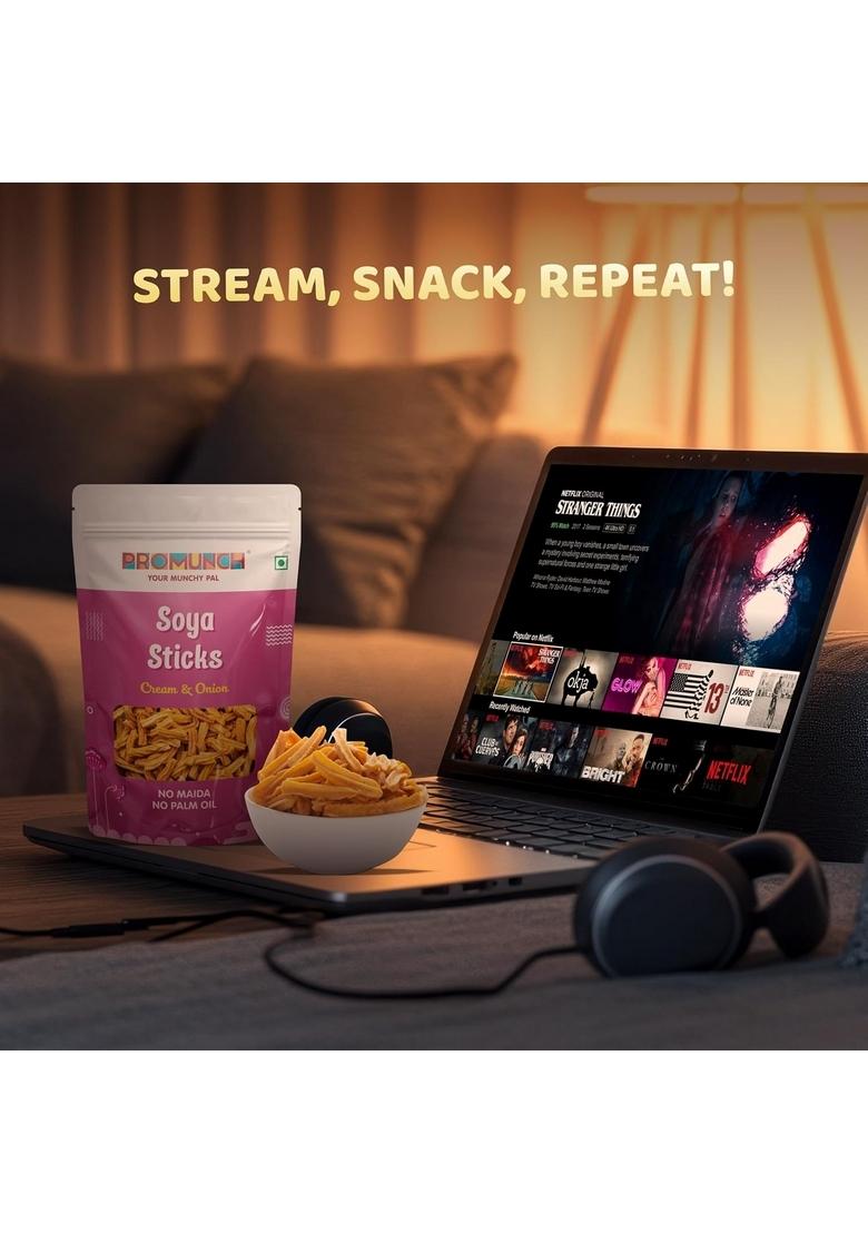 PROMUNCH Soya Sticks (Chatpata Masala, Cream onion) | Chips (Peri Peri) Crispy snacks Namkeen savoury No Palm Oil And Maida