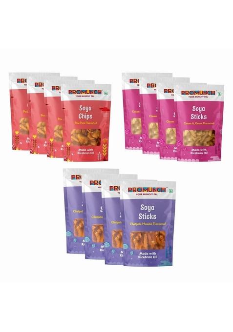 PROMUNCH Soya Sticks (Chatpata Masala, Cream onion) | Chips (Peri Peri) Crispy snacks Namkeen savoury No Palm Oil And Maida - 30g (Pack Of 12)