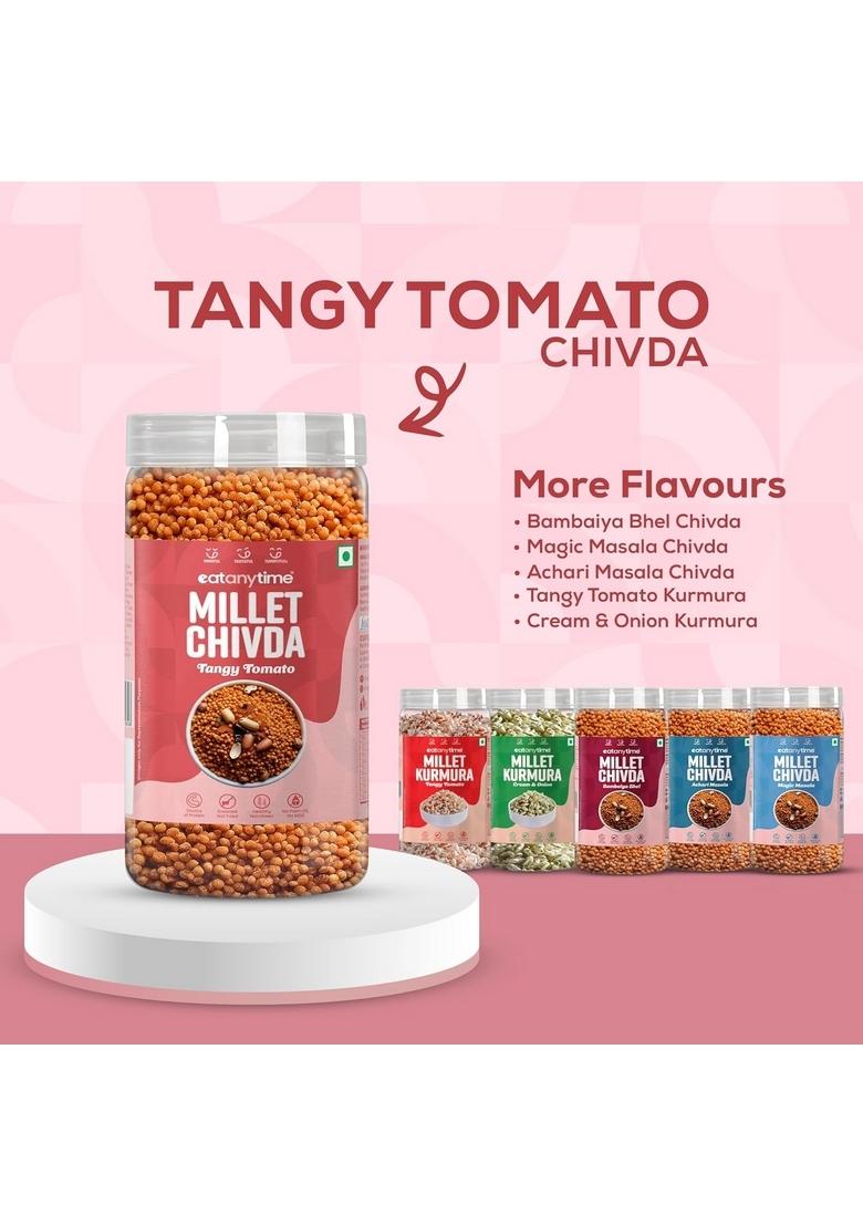 EAT Anytime Tangy Tomato Millet Chivda | Crunchy & Healthy Roasted Snack Mix with Peanuts Spicy Masala Packed Spices Nutrients Perfect for Guilt-Free Snacking, (Pack of 1)