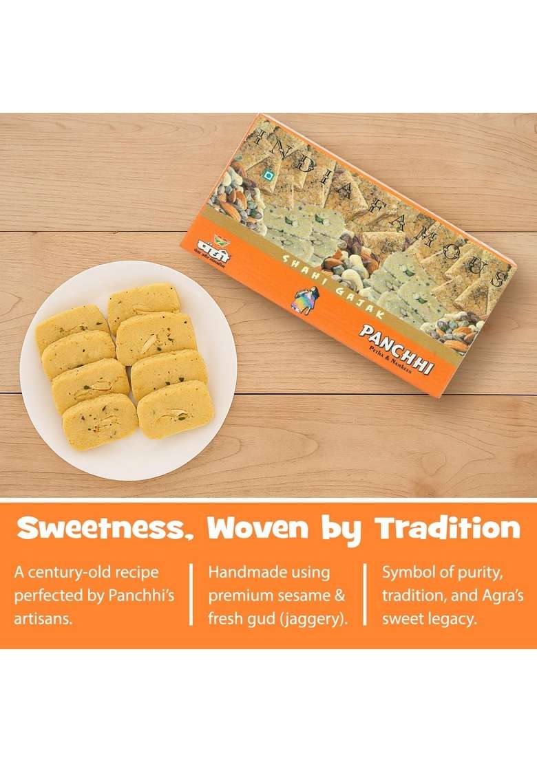 PANCHI KA PETHA AUR DALMUT Panchhi Shahi Gud Gajak 1Kg - Homemade Traditional Agra Gazak (Since 1926), Gajjak Made with Sesame Seeds, Gur & Dry Fruits | Crispy Tilkut Chikki, Healthy Jaggery Sweet for Winter, Festival Gift - Indya