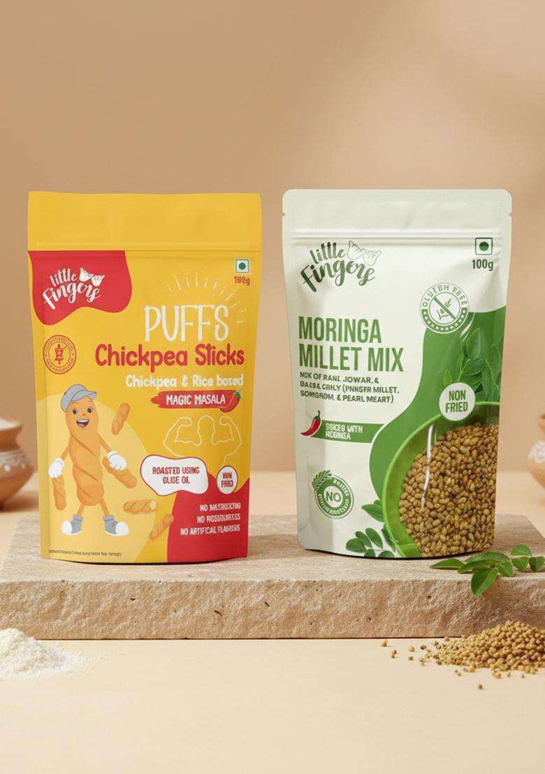 LITTLEFINGERS Little Fingers Organic Millet Based Healthy Roasted Gluten Free High In Fiber Assorted Snack Combo For Kids - MORINGA MIX AND CHICKPEA STICKS MASALA MAGIC - Indya