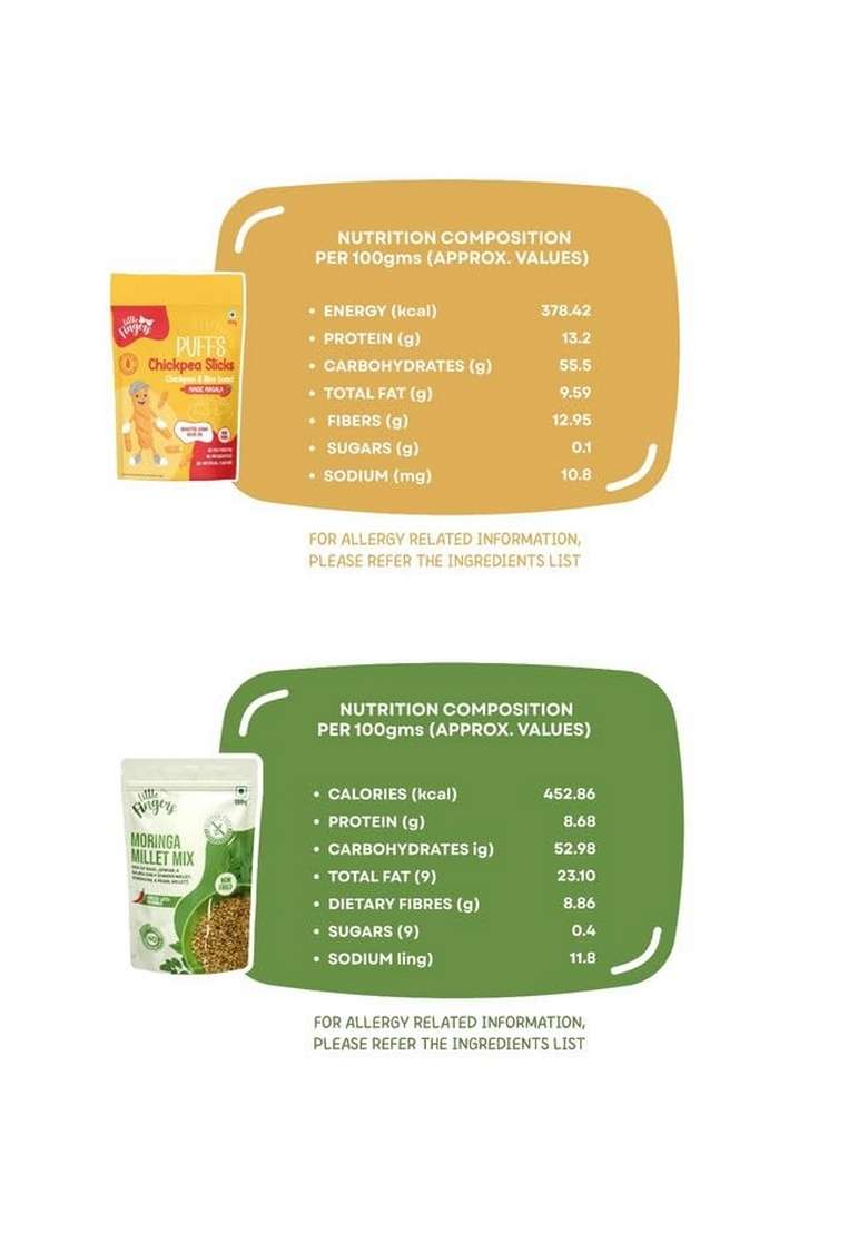 LITTLEFINGERS Little Fingers Organic Millet Based Healthy Roasted Gluten Free High In Fiber Assorted Snack Combo For Kids - MORINGA MIX AND CHICKPEA STICKS MASALA MAGIC - Indya
