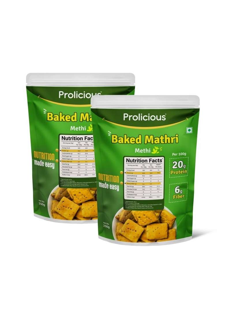 Prolicious Baked Mathri | 10g Protein, High Fiber Healthy Weightloss Snack No Palm Oil, Transfat Made with Whole Foods 500g (2 X 250g each) - Indya