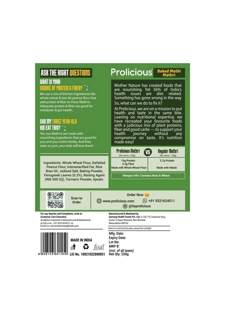 Prolicious Baked Mathri | 10g Protein, High Fiber Healthy Weightloss Snack No Palm Oil, Transfat Made with Whole Foods 500g (2 X 250g each) - Indya