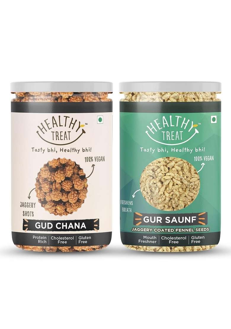 Healthy Treat Gur Chana and Saunf Combo 400 gm (Pack of 2-200 Each) | Jaggery Coated Snacks Immunity Booster Mouth fresheners & Snack Perfect for Snacking Anytime - Indya