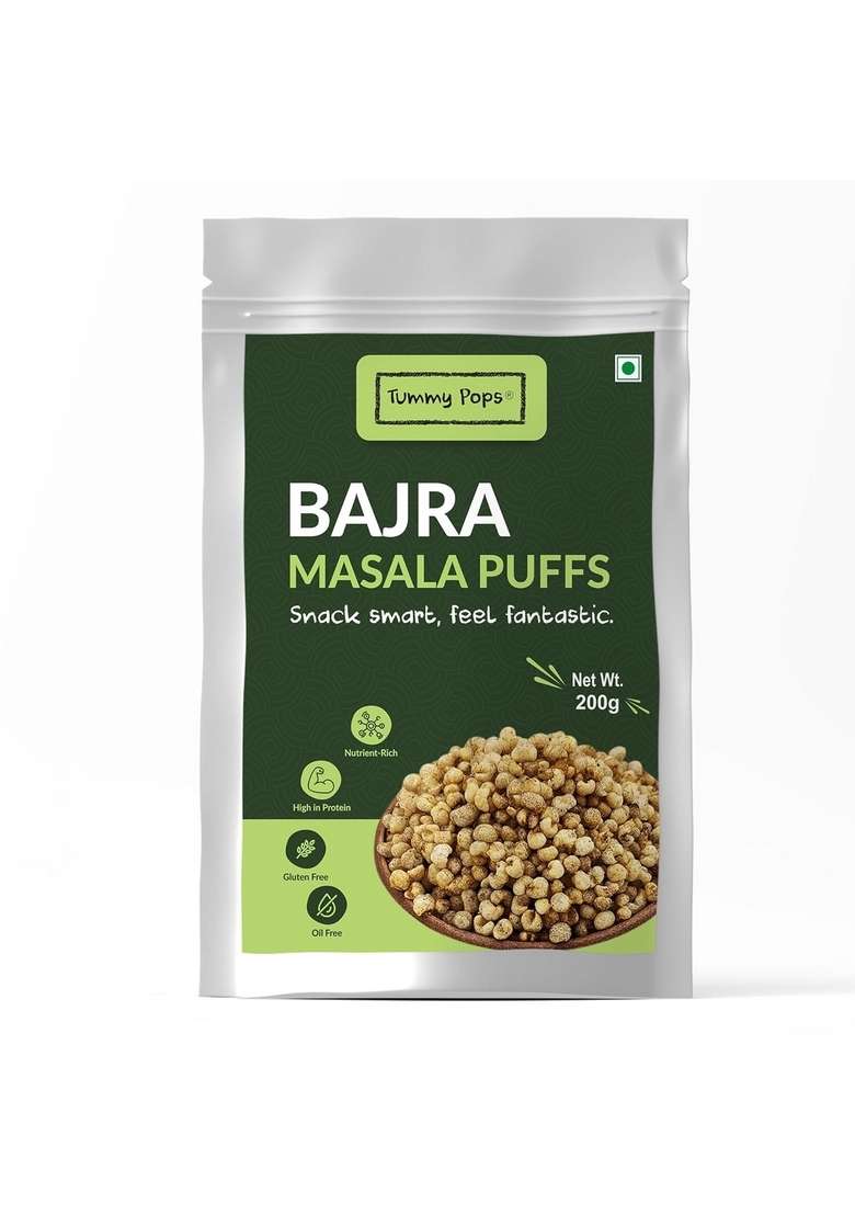 Tummy Pops Roasted Bajra Puffs | Crunchy & High-Fiber Pearl Millet Snack Low-Calorie Tasty Namkeen Spicy Masala Flavor 200gm Pack - Indya