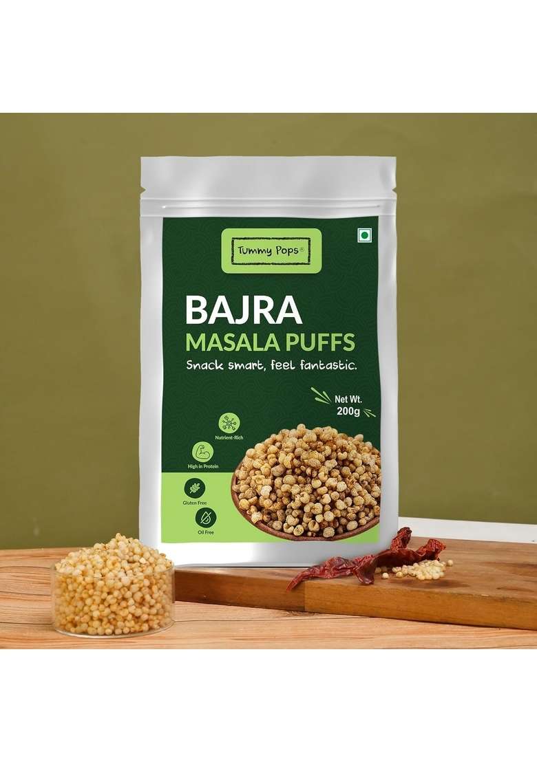 Tummy Pops Roasted Bajra Puffs | Crunchy & High-Fiber Pearl Millet Snack Low-Calorie Tasty Namkeen Spicy Masala Flavor 200gm Pack - Indya