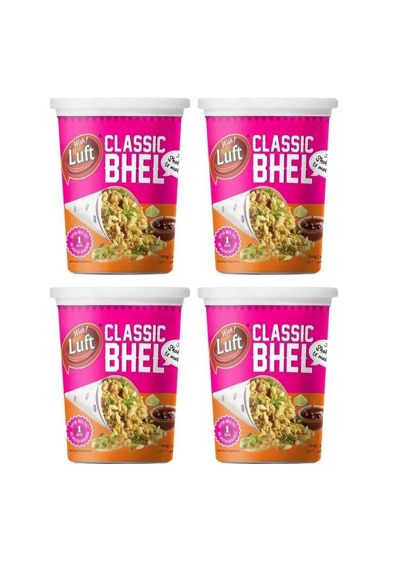 Wah Luft Wah!Luft Instant And Delicious Bhel Puri Cup, 100% Vegetarian, Masala, Crispy Crunchy, Everyday Fresh, Healthy & Hygienic, Chaat Special Combo Pack - 100G (Pack Of 4) - Indya
