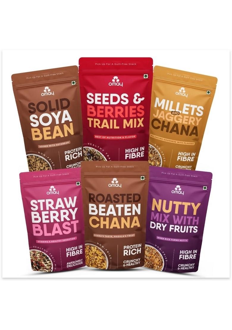 Omay Foods TRY IT ALL COMBO PACK (Pack of 6) I Roasted Oil-free Snacks Healthy Indian Snack, Trail Mixes Non fried Guilt-free Snack Namkeen for Weight Loss