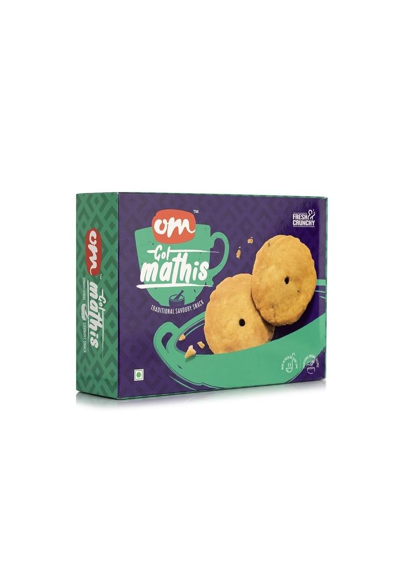 OM SWEETS & SNACKS Mathi | Gol Mathri Gujarati Indian Tea Time Crunchy Party Snack Namkeen Healthy Delightfully Ready To Eat Savouries Pack Of 2 X 300g