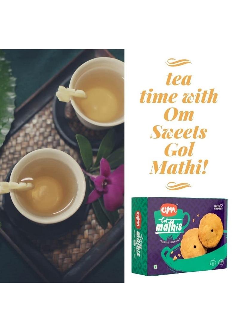 OM SWEETS & SNACKS Mathi | Gol Mathri Gujarati Indian Tea Time Crunchy Party Snack Namkeen Healthy Delightfully Ready To Eat Savouries Pack Of 2 X 300g