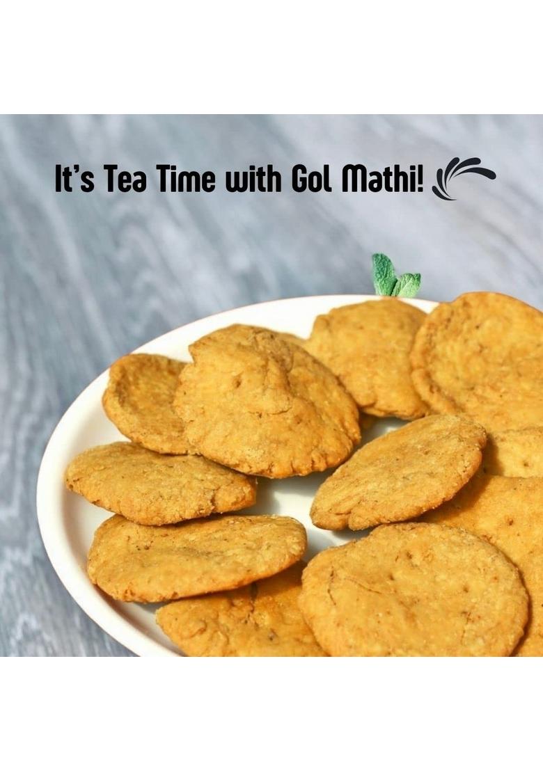 OM SWEETS & SNACKS Mathi | Gol Mathri Gujarati Indian Tea Time Crunchy Party Snack Namkeen Healthy Delightfully Ready To Eat Savouries Pack Of 2 X 300g