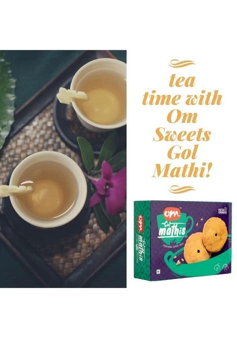 OM SWEETS & SNACKS Mathi | Gol Mathri Gujarati Indian Tea Time Crunchy Party Snack Namkeen Healthy Delightfully Ready To Eat Savouries Pack Of 2 X 300g