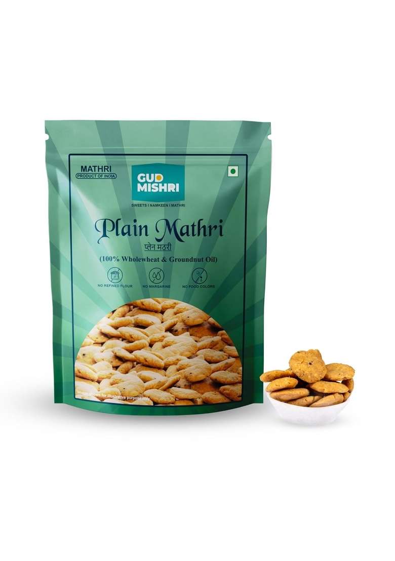 GUD MISHRI Plain Aata Mathri 380 Grams | 100% Whole Wheat & Groundnut Oil No Maida, Palm Oil, Margarine or Colors Ready-to-Eat Snack Healthy Indian Nashta for Tea-Time All Ages - Indya