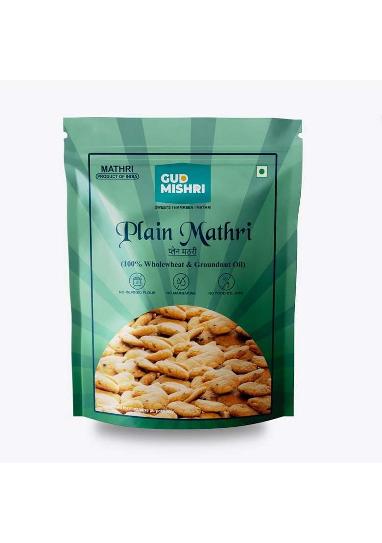 GUD MISHRI Plain Aata Mathri 380 Grams | 100% Whole Wheat & Groundnut Oil No Maida, Palm Oil, Margarine or Colors Ready-to-Eat Snack Healthy Indian Nashta for Tea-Time All Ages - Indya