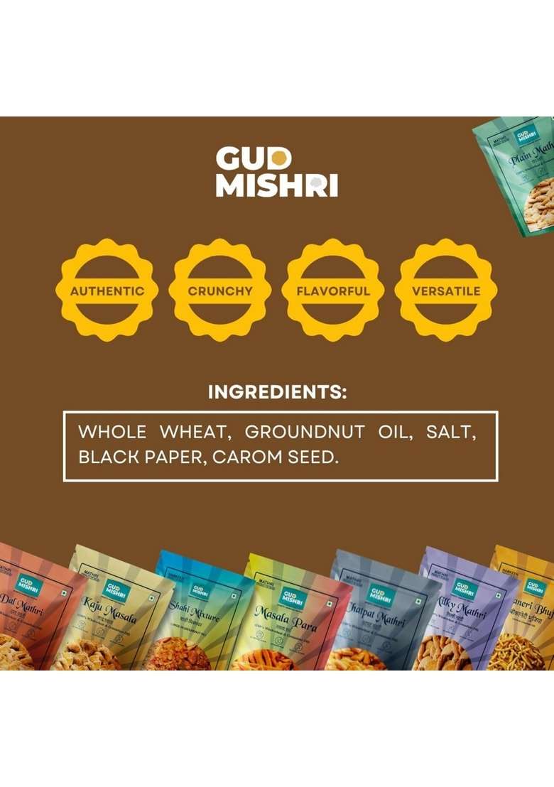 GUD MISHRI Plain Aata Mathri 380 Grams | 100% Whole Wheat & Groundnut Oil No Maida, Palm Oil, Margarine or Colors Ready-to-Eat Snack Healthy Indian Nashta for Tea-Time All Ages - Indya