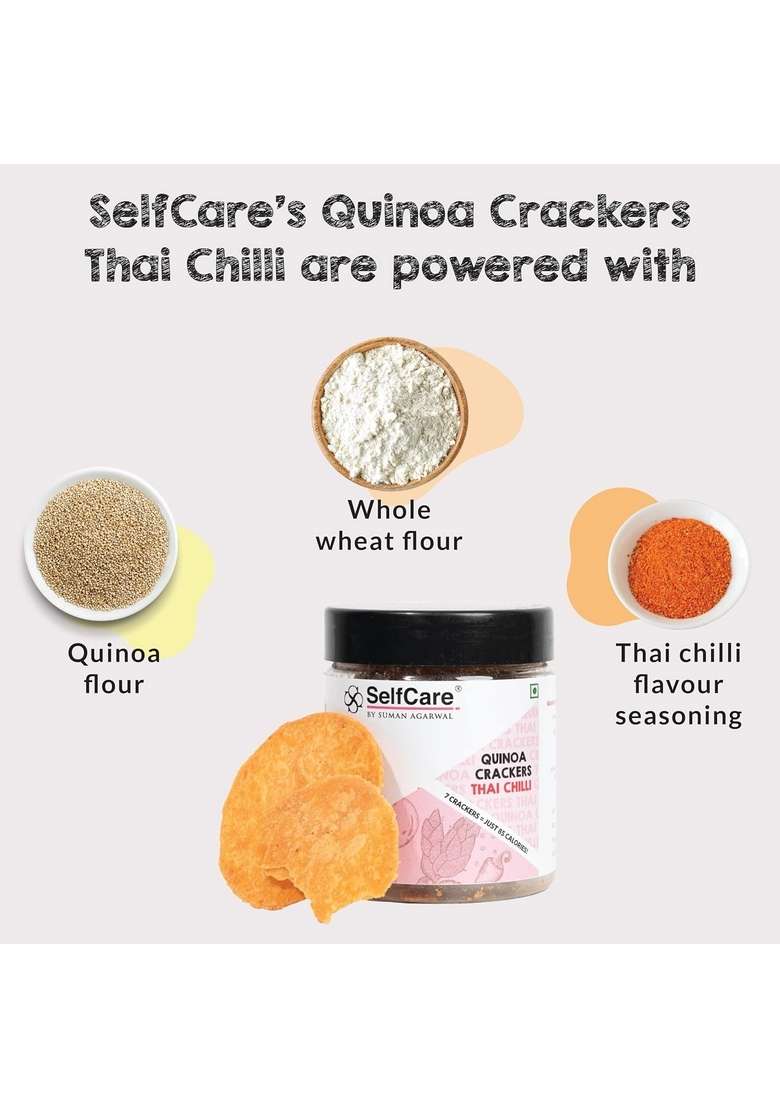 SelfCare By Suman Agarwal Quinoa Crackers - Thai Chilli Pack of 1 100g | Healthy & Non Fried Savoury Snacks Namkeen Grocery Spicy Crunchy Chatpata Tea time Snacking Travel Friendly - Indya